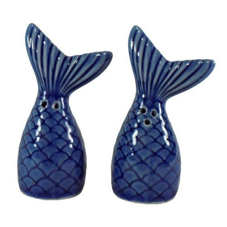 Blue mermaid tail shaped salt & pepper shakers.