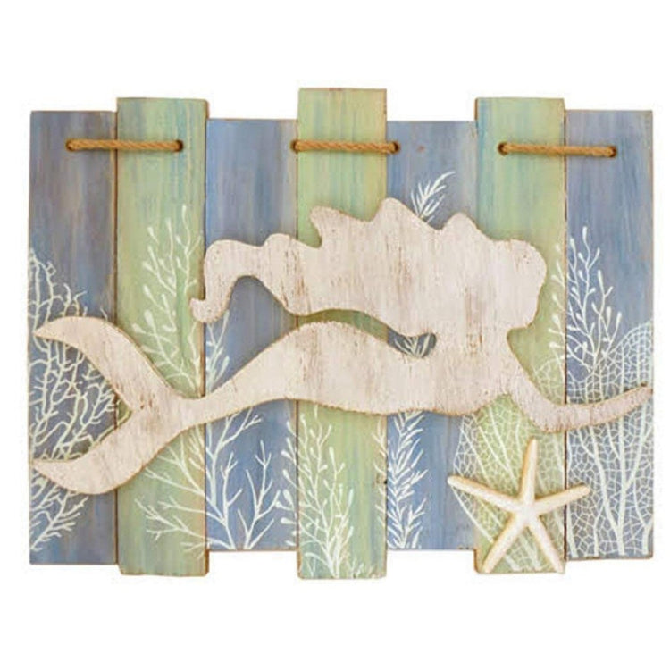 Rectangle slat sign in blue and green with whitewash mermaid swimming and starfish.