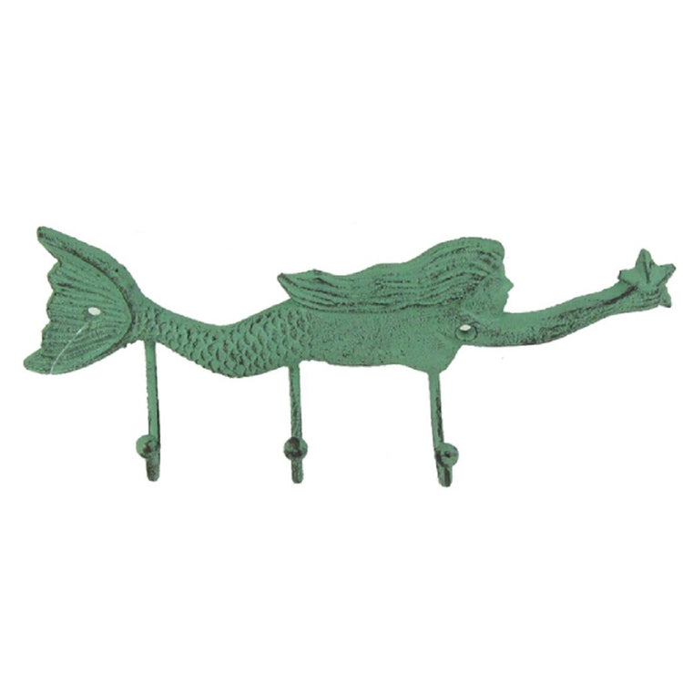 verdigris green swimming mermaid shaped wall hook with 2 hooks.  Mermaid is holding a starfish.