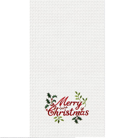 White waffle weave with with the words "Merry Christmas" embroidered in lower center with greenery accent.