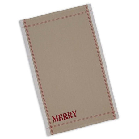 Tan kitchen towel with saying 'merry' in the bottom left corner.