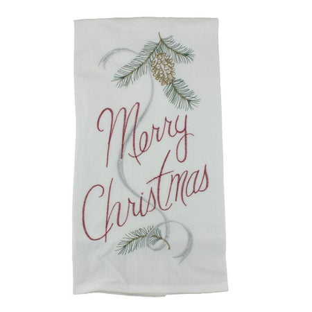 White flour sack kitchen towel embroidered with pine and "Merry Christmas".