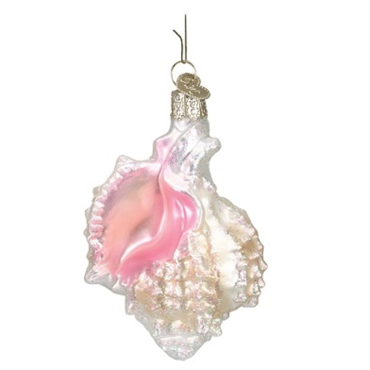 off white shiny Mexican shell with Gold top for hanging.  Inside of shell shows pink