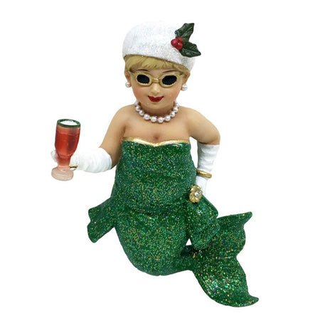 Mermaid figurine ornament.  Christmas outfit in green with white hat adorned with holly. Holding a cocktail and wearing sunglasses.