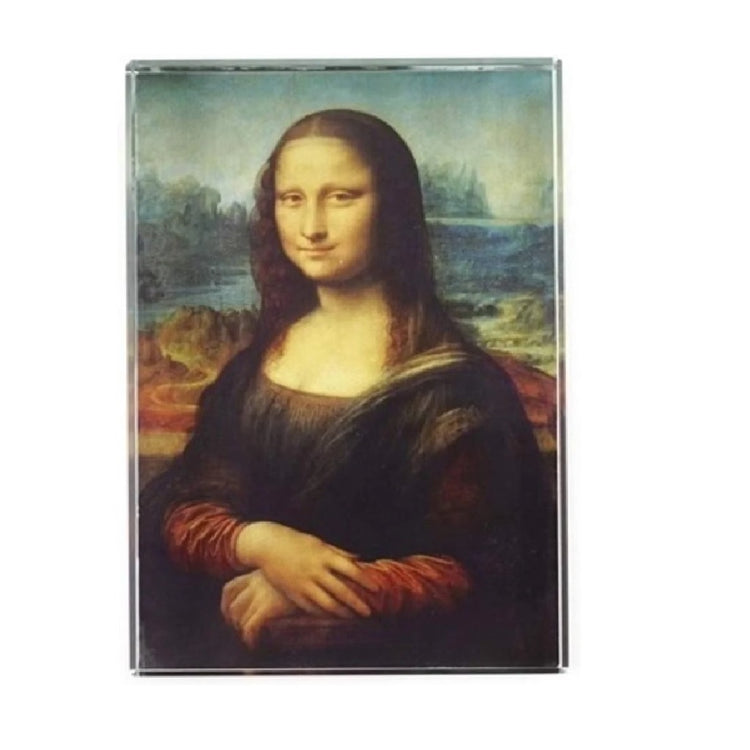 Crystal paperweight with image of Leonardo Da Vinci's Mona Lisa Painting.