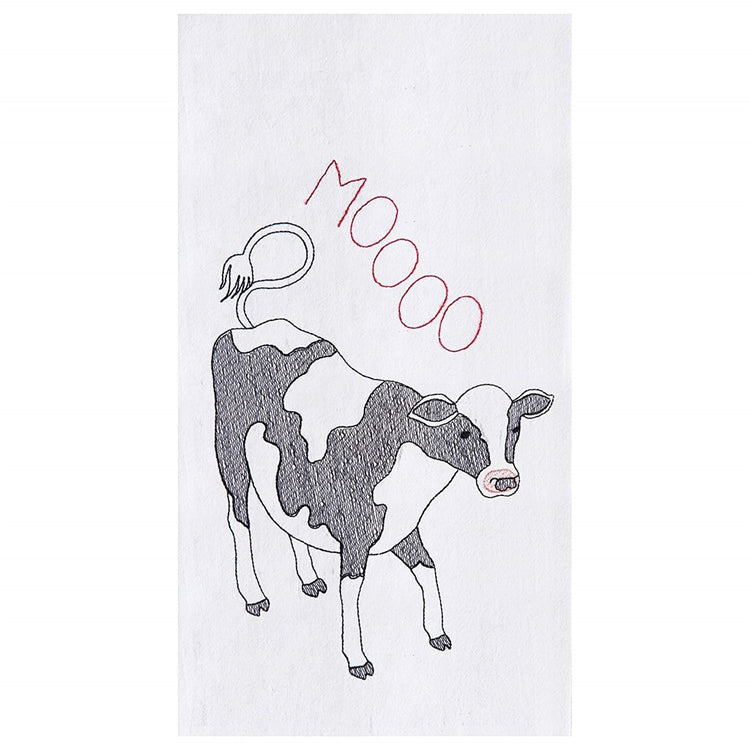 White flour sack kitchen towel embroidered with a black and white cow "MOOOO"