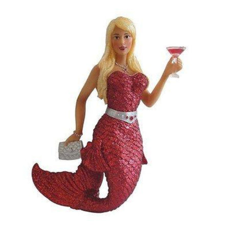 Mermaid shaped figurine hanging ornament.  Wearing all red, holding a silver purse and red martini.
