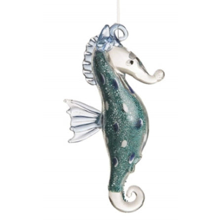Clear seahorse with teal glitter insides, blue & clear polka dots. 