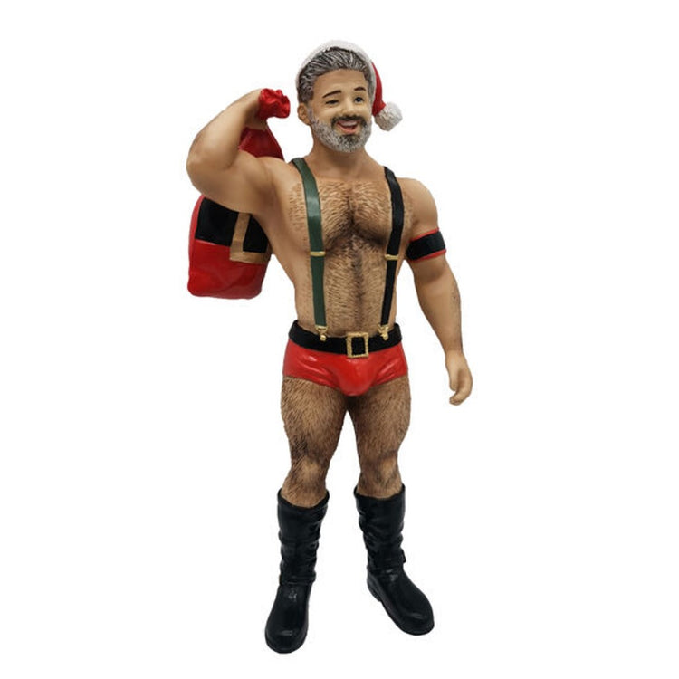 Resin poke the bear ornament, wearing santa hat, red boxer briefs with a black santa belt and suspenders, he's holding a red bag over his shoulder.