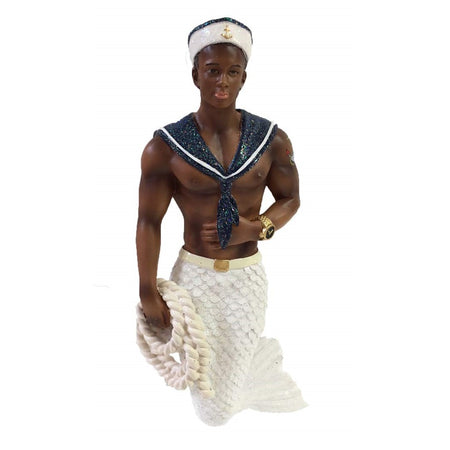 Merman figurine ornament.  African American, dressed as a Navy sailor, holding a rope.