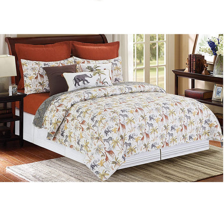 Photo shows a bedroom set but this listing is for a quilt and matching shams. Safari pattern on white / off white. Has zebras, giraffes and palm trees with elephants.