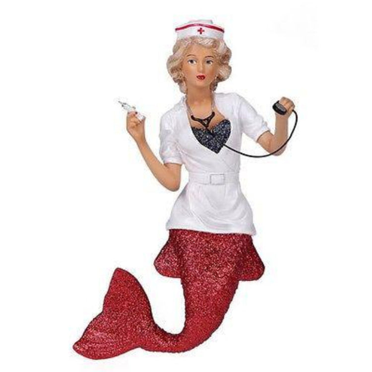Mermaid shaped figurine hanging ornament.  Dressed like a nurse holding a syringe and stethoscope.