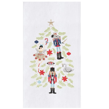 white flour sack towel with embroidered design of christmas tree with nutcracker character ornaments.