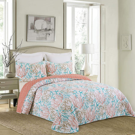 Photo shows a bedroom set but this listing is for one bedspread. The bedspread is white background with teal, orange and tan coral print.