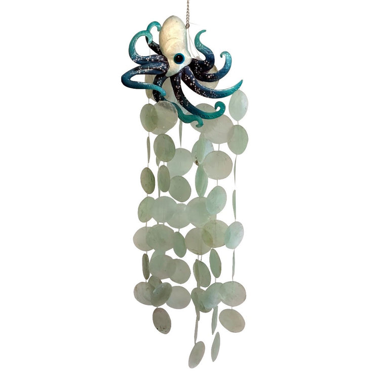 Wind chime with octopus shaped top and white round capiz shell chimes.