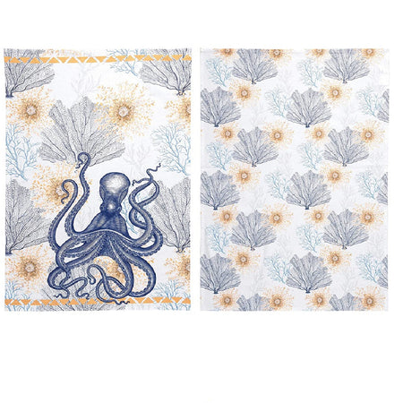 2 kitchen towels. towel showcases an ochre and blue fan coral print with a blue octopus design, while the other features a repeating pattern of a fan coral. blue and ochre colors.