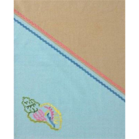Towel with diagonal orange & blue stripe across towel. Top half is tan, lower half light blue with embroidered shell.