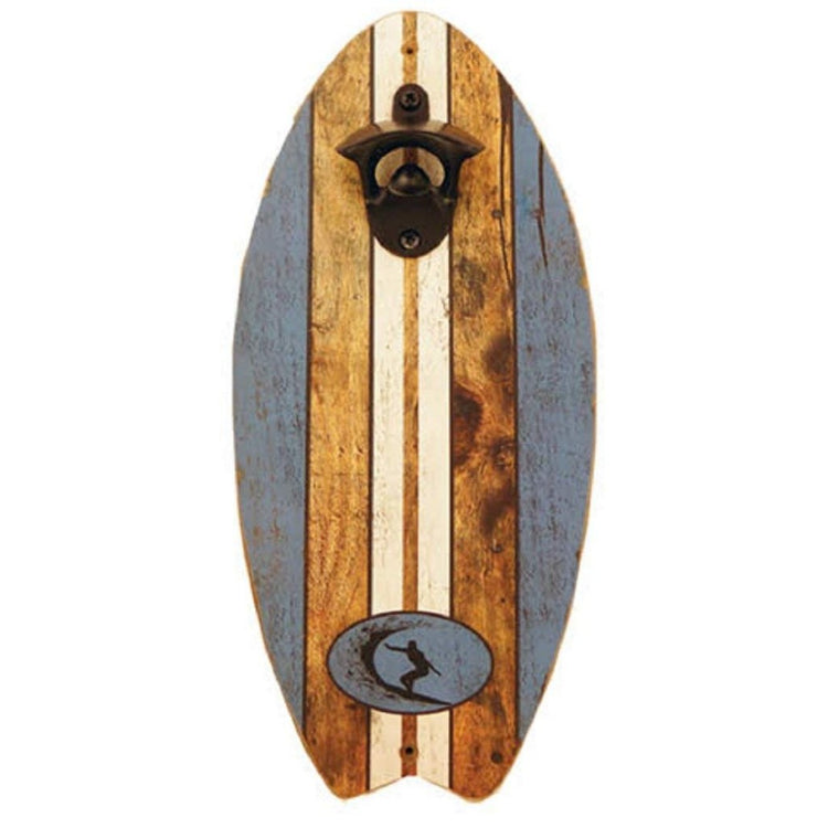 Surfboard shaped bottle opener blue brown and white stripe design with surfer imprint.