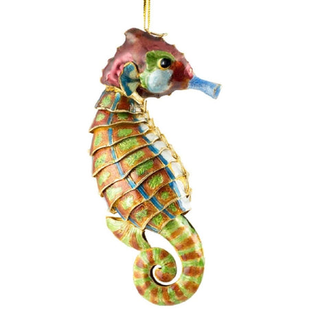 Seahorse ornament with a red head, orange, green and blue body.