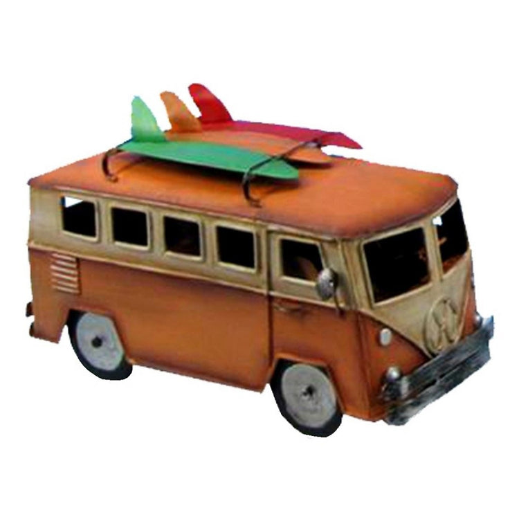 Orange & Yellow metal van with a red, a green & an orange surfboard on roof rack,