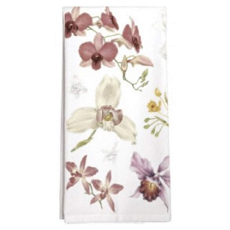 White towel with purple, white & yellow flowers.
