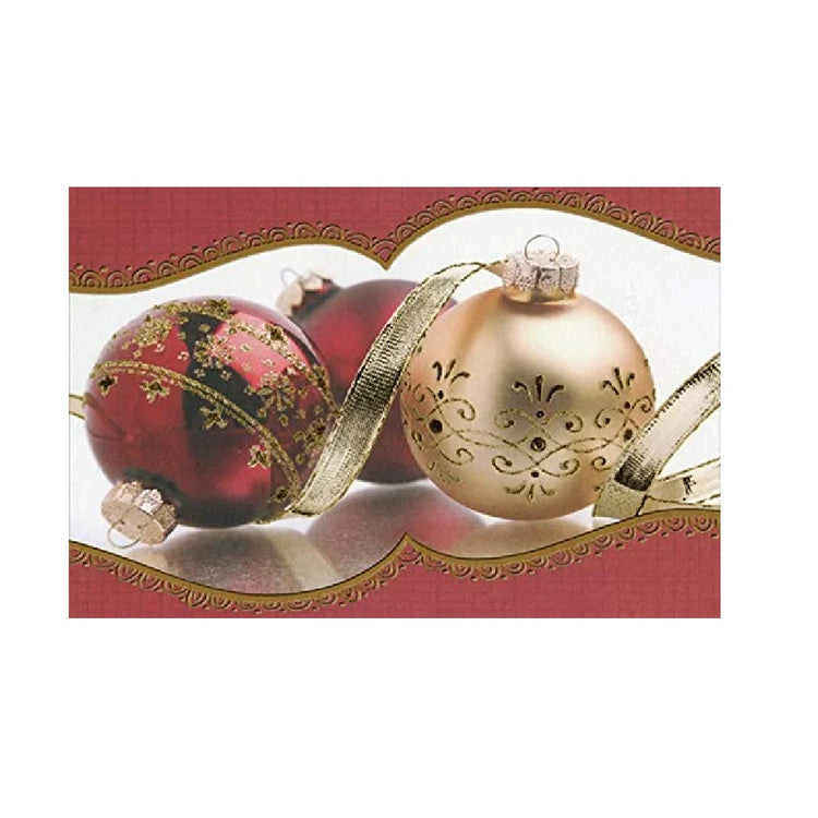 Red and gold ornaments and ribbon cover the front of this holiday greeting card, approximately 5 x 7 inches.