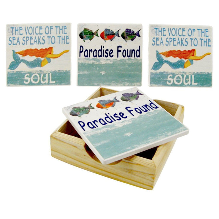 4 square coasters in a wood holder. Coasters have nautical sayings and are white with blue, orange and green accent.