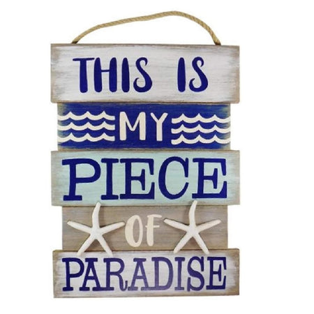 Wood slat style sign with rope hanger. Sign says "This is my piece of paradise" in dark blue and there is starfish appliques.
