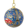 Round Christmas ball with raised enamel. Text "Paris" with taxi and Eiffel Tower accent.