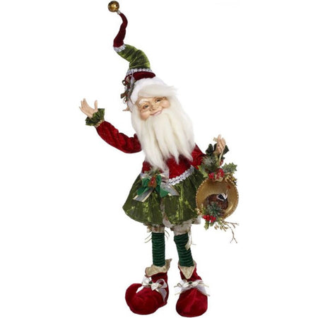 Elf figure in Christmas outfit of red & green, red boots. Holding a gold plate w/ a partridge figure.