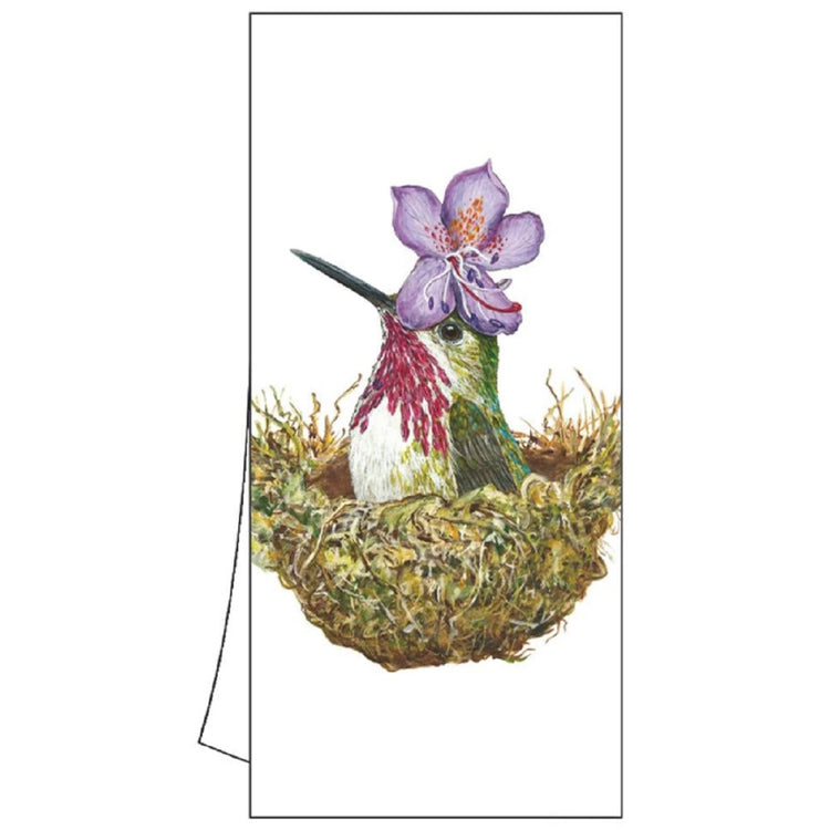 white dishtowel with hummingbird in a nest with a purple flower on his head.