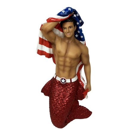 Merman figurine ornament.  Shirtless he has an American flag draped over his back.
