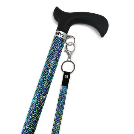 Beaded cane with attached wristlet.  Peacock blue beads and silver.