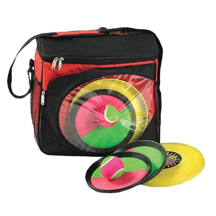 Red cooler with pink, green & yellow outdoor games.