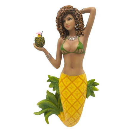 Resin mermaid with pineapple design tail, fins look like the leaves of the pineapple. She's got curly brown hair & is wearing a green bikini top.