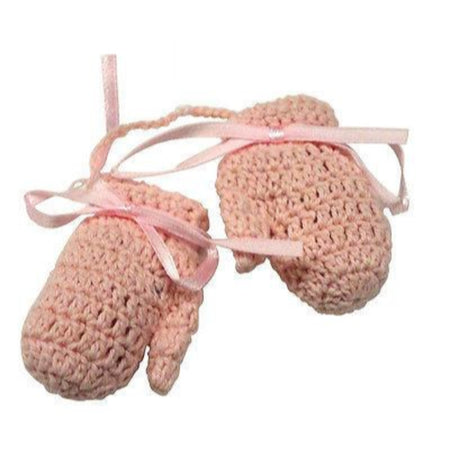 Light pink crochet baby mittens.