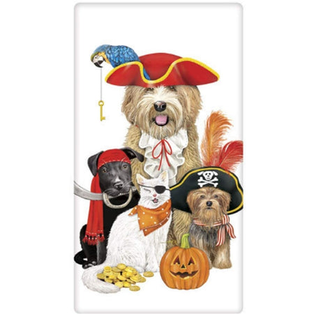 White towel with three dogs, a white cat and blue parrot, all in pirate costumes.