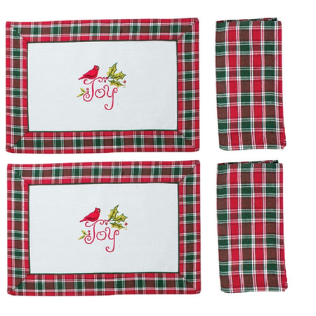 2 white placemats with red and green plaid boarder.  Red cardinal in center "Joy" with 2 matching plaid napkins.