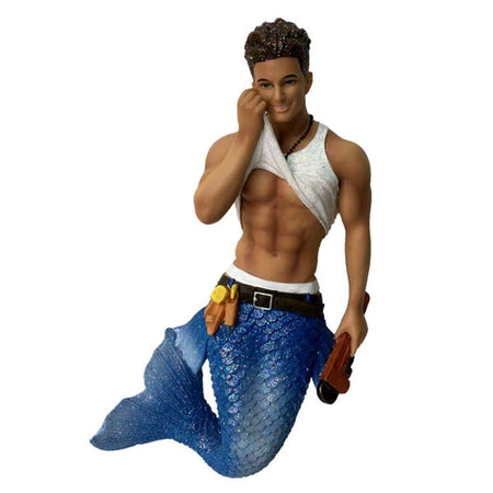 Mermaid figurine ornament.   Dressed as a plumber with tool belt, holding a wrench.  White tshirt is pulled up.