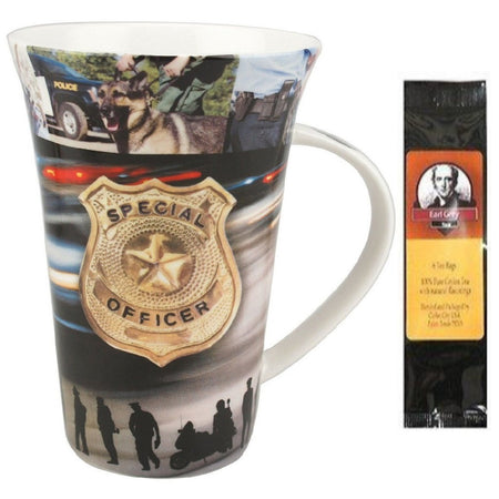 Golden police badge and various police scenes printed on the mug.