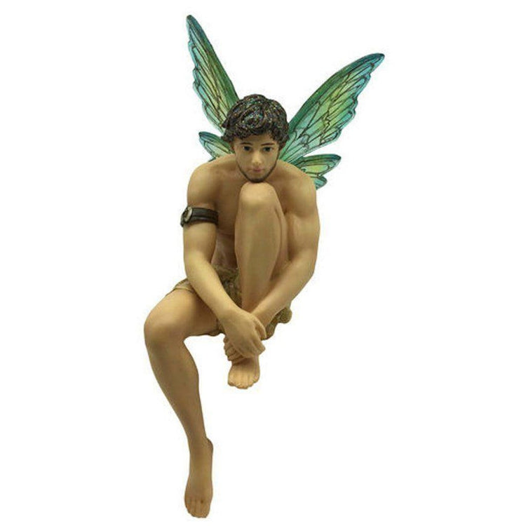 Fairy figurine shaped hanging ornament.  He has green wings, an armband. Sitting with head resting on one knee.