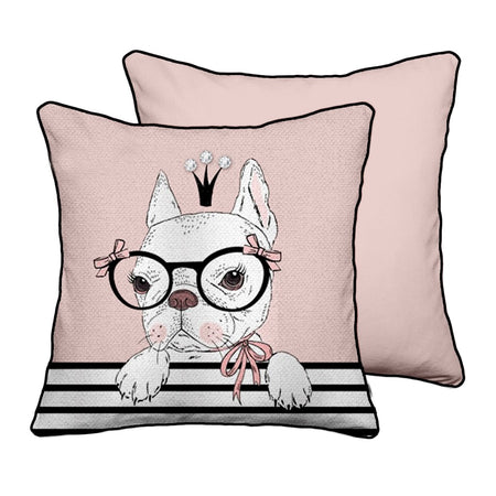 Light pink colored pillow with white french bulldog with black glasses and pink bows.