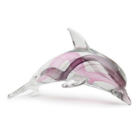 Clear glass dolphin with purple and light purple swirls on the inside.