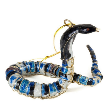 Articulated snake shaped Christmas ornament in shades of blue, white and black with gold metal accent.