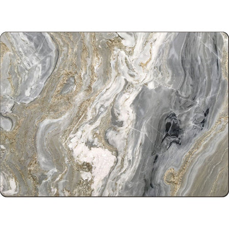 Hardboard placemat with quartz pattern shown in shades of gray, white and gold.