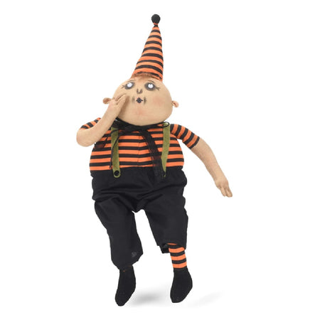 fabric boy figurine, wearing orange and black striped shirt, hat and sock, with black pants.