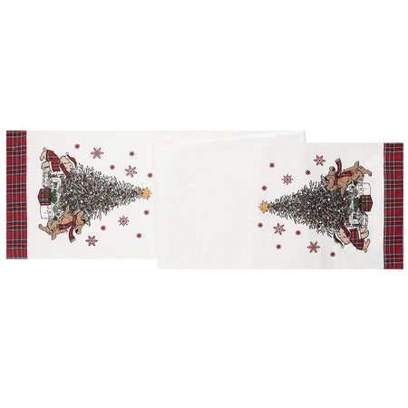 white cotton table runner, with red plaid boarder at both ends, each end also has a design of puppies in front of a Christmas tree.