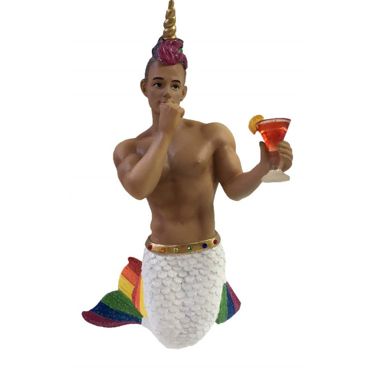 Mermaid figurine ornament.  white tail with rainbow accents, Unicorn horn and holding a  cocktail.