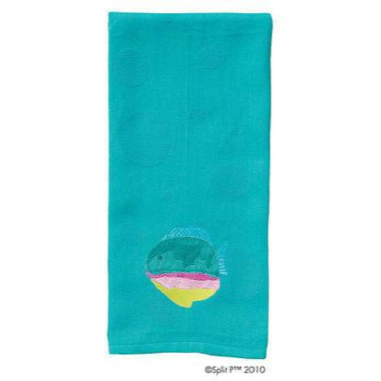 Turquoise towel with a teal, pink, & yellow tropical fish on the bottom.