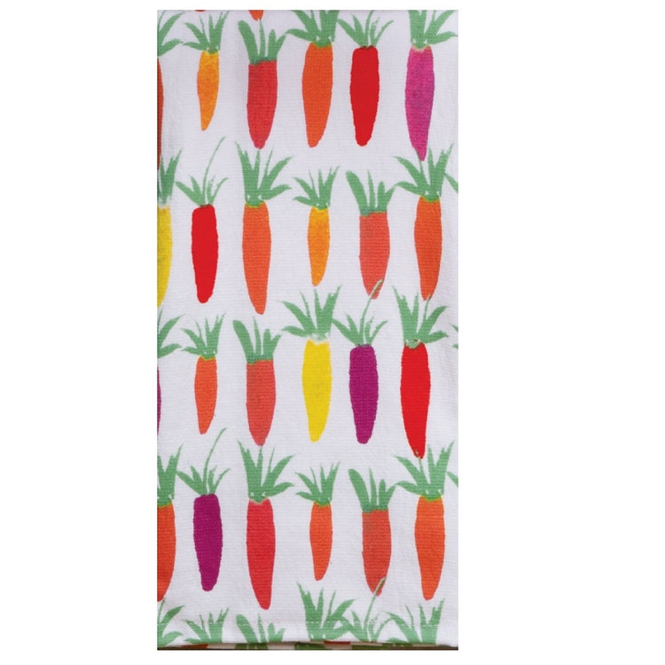 White terry cloth towel with a pattern of red, yellow, orange and purple carrots printed on it.